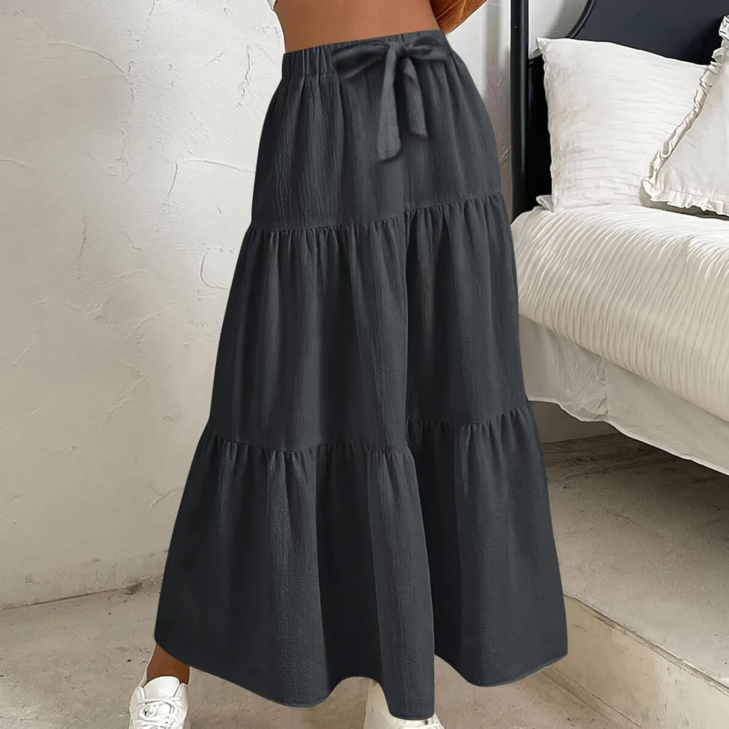Womens Long Maxi Skirts Fashion Tiered Pleated A-Line Skirt Drawstring Waist Loose Solid Beach Travel Clothes 2025