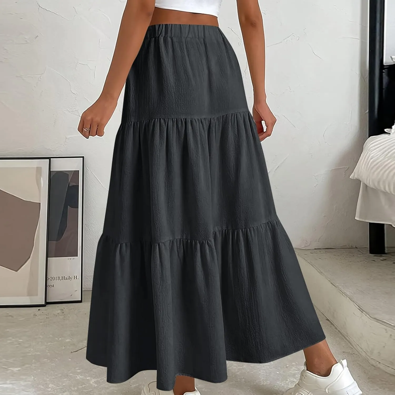Womens Long Maxi Skirts Fashion Tiered Pleated A-Line Skirt Drawstring Waist Loose Solid Beach Travel Clothes 2025