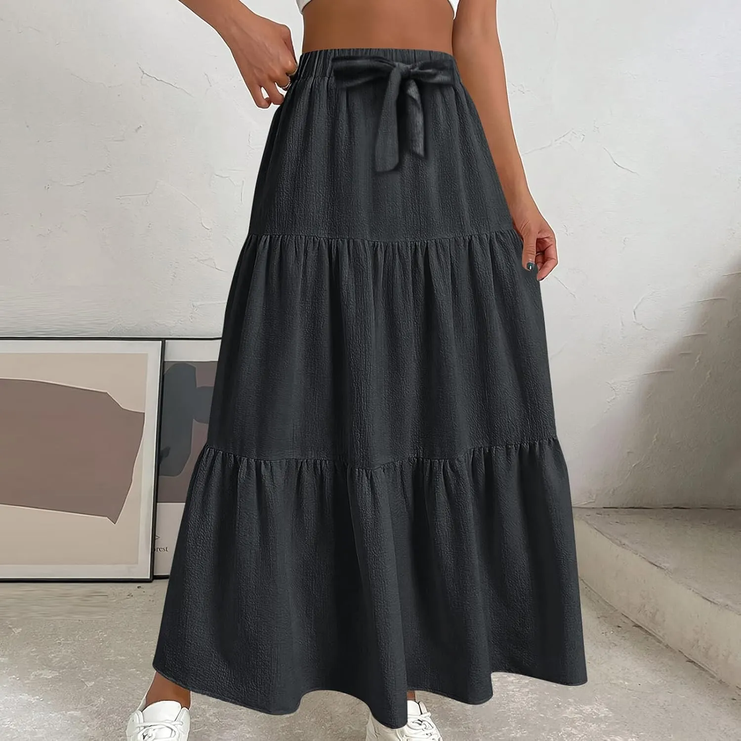 Womens Long Maxi Skirts Fashion Tiered Pleated A-Line Skirt Drawstring Waist Loose Solid Beach Travel Clothes 2025