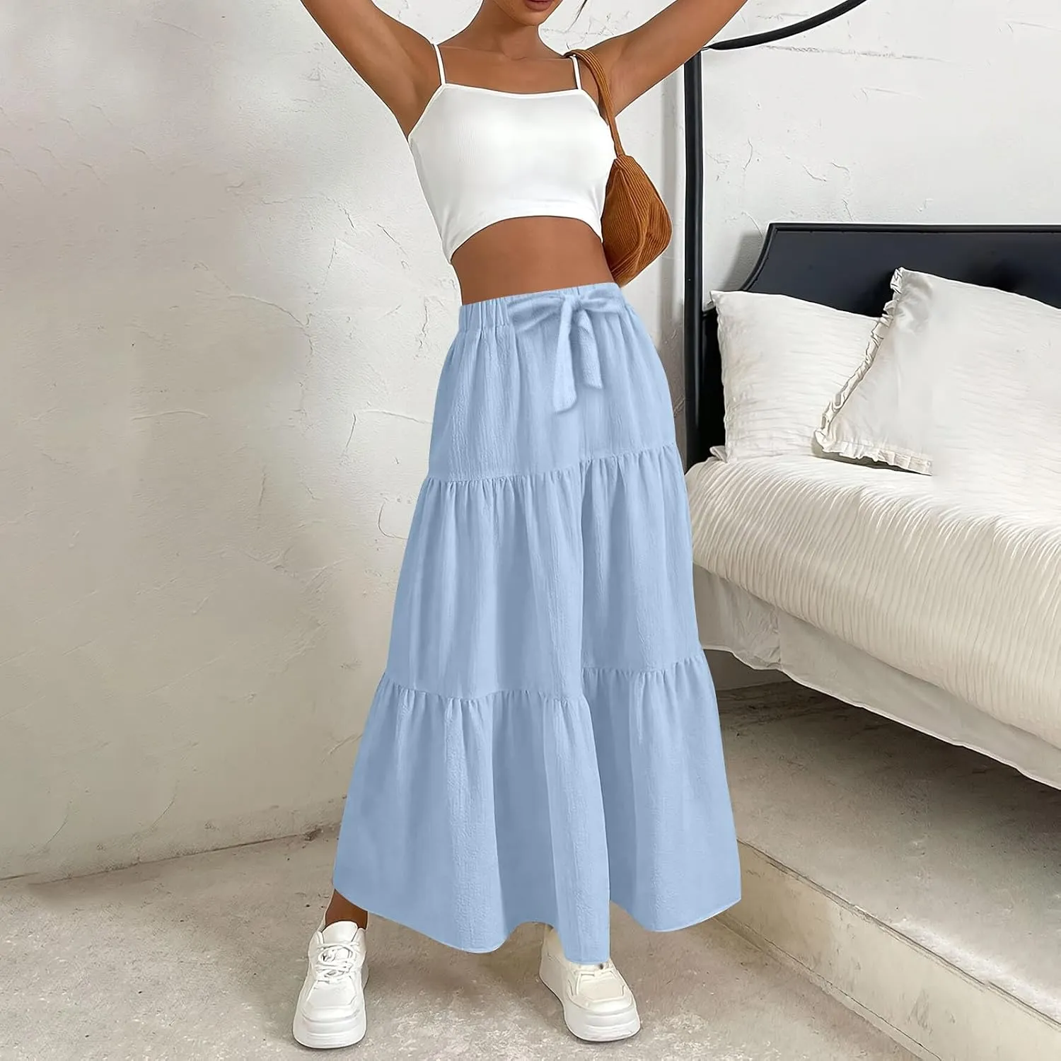 Womens Maxi Skirt Summer Layered Tiered Elastic Skirts for Work Pleated A Line Skirt Flowy Long Skirts Flowy (S-2Xl)