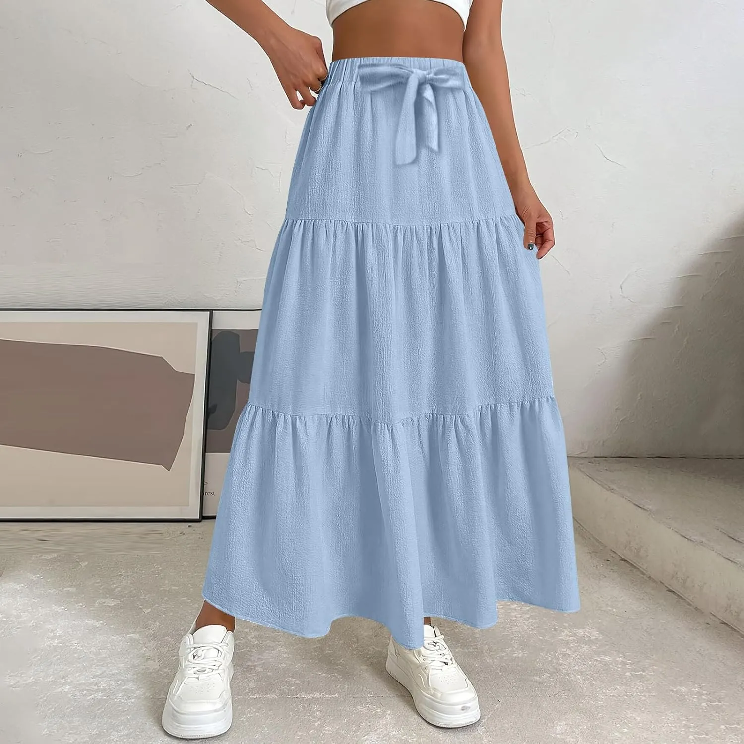 Womens Maxi Skirt Summer Layered Tiered Elastic Skirts for Work Pleated A Line Skirt Flowy Long Skirts Flowy (S-2Xl)
