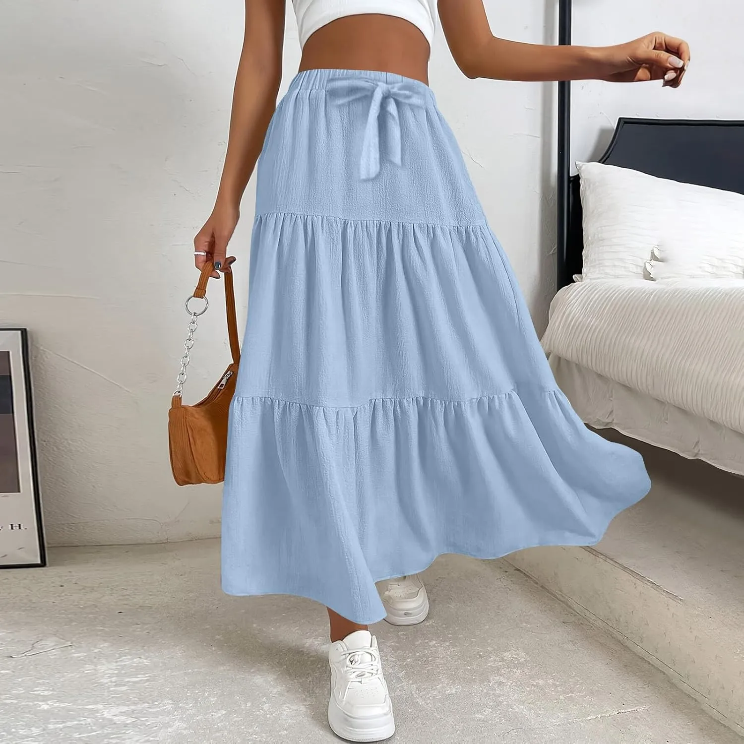 Womens Maxi Skirt Summer Layered Tiered Elastic Skirts for Work Pleated A Line Skirt Flowy Long Skirts Flowy (S-2Xl)