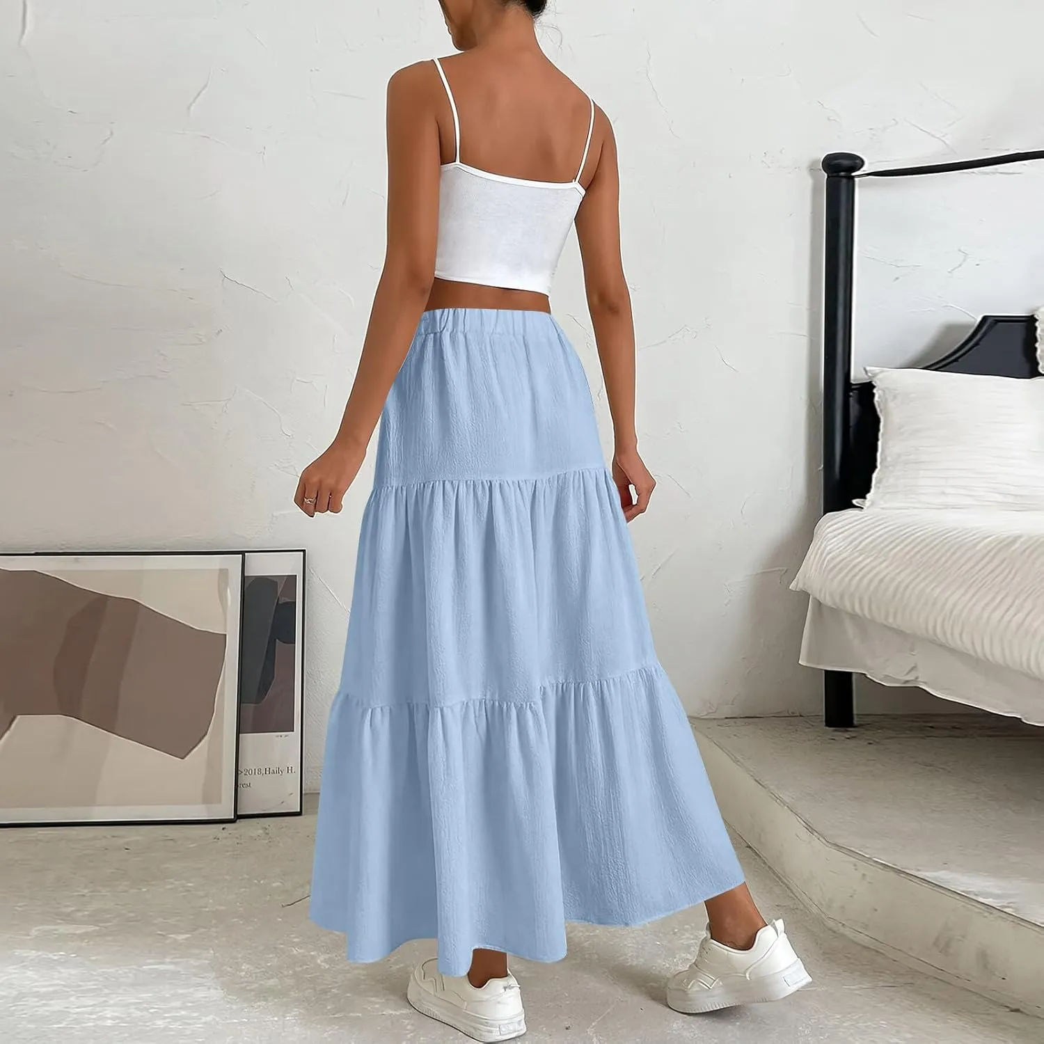 Womens Maxi Skirt Summer Layered Tiered Elastic Skirts for Work Pleated A Line Skirt Flowy Long Skirts Flowy (S-2Xl)