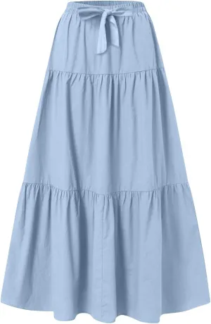 Womens Maxi Skirt Summer Layered Tiered Elastic Skirts for Work Pleated A Line Skirt Flowy Long Skirts Flowy (S-2Xl)