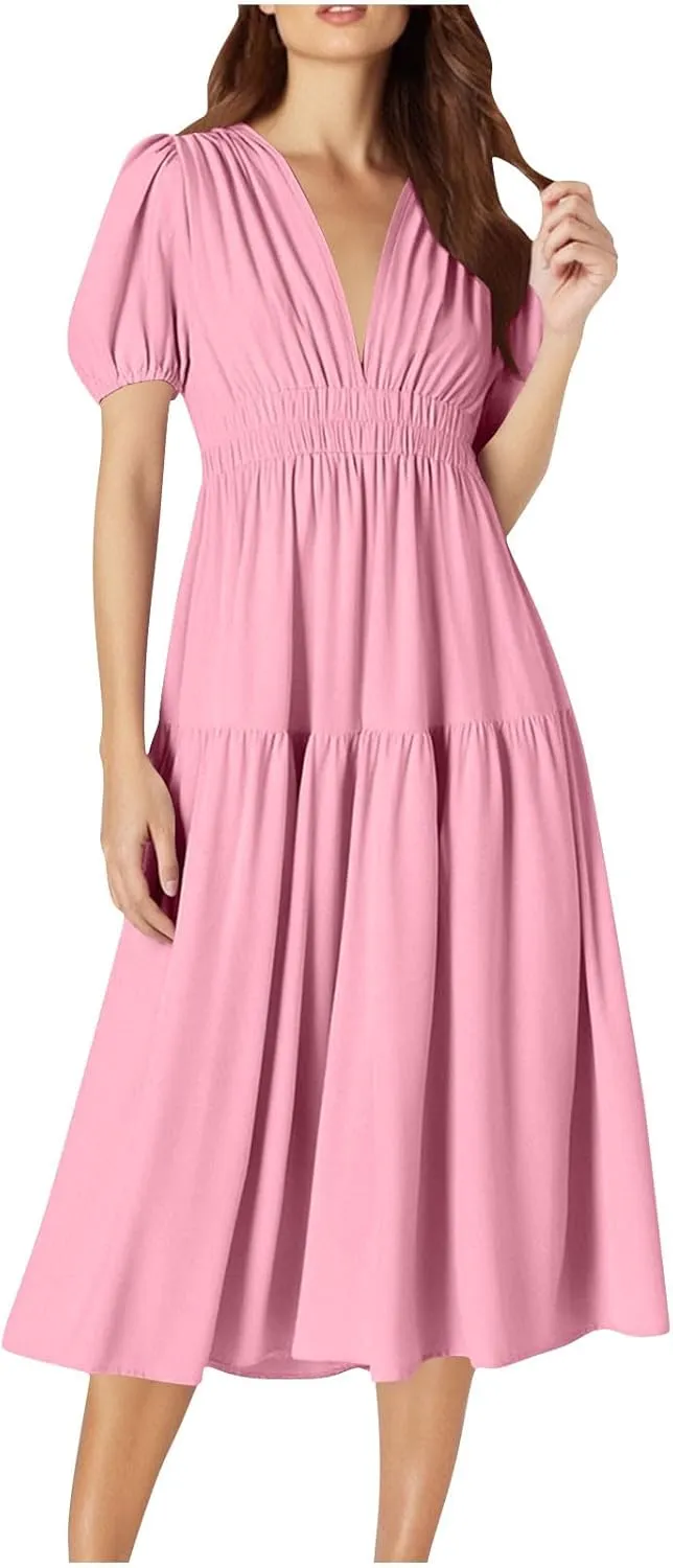 Women's Puff Sleeve Tiered Maxi Dresses Comfy V-Neck Flowy Sundress Empire Waist Pocket Casual Summer Elegant Soft Dress