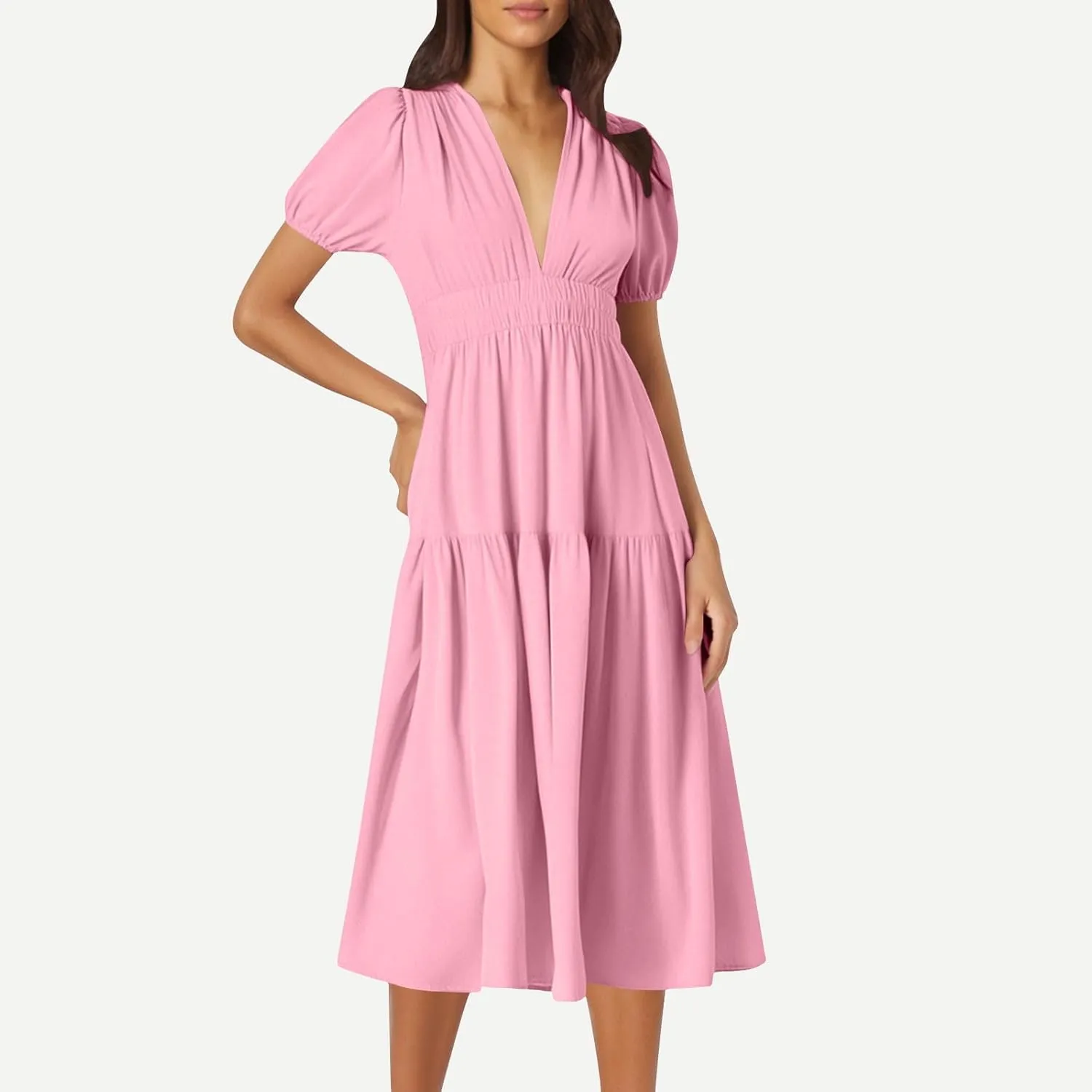 Women's Puff Sleeve Tiered Maxi Dresses Comfy V-Neck Flowy Sundress Empire Waist Pocket Casual Summer Elegant Soft Dress