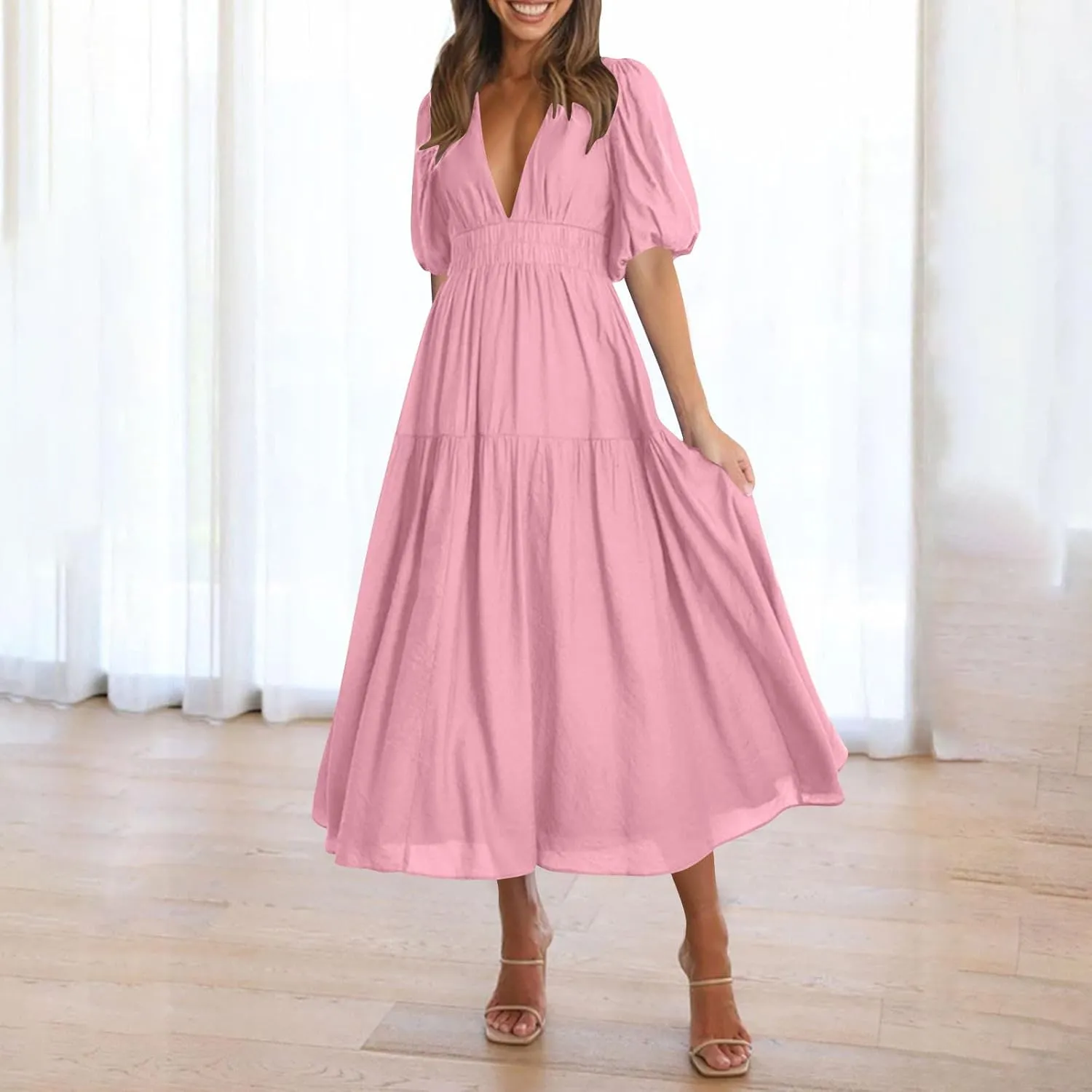 Women's Puff Sleeve Tiered Maxi Dresses Comfy V-Neck Flowy Sundress Empire Waist Pocket Casual Summer Elegant Soft Dress