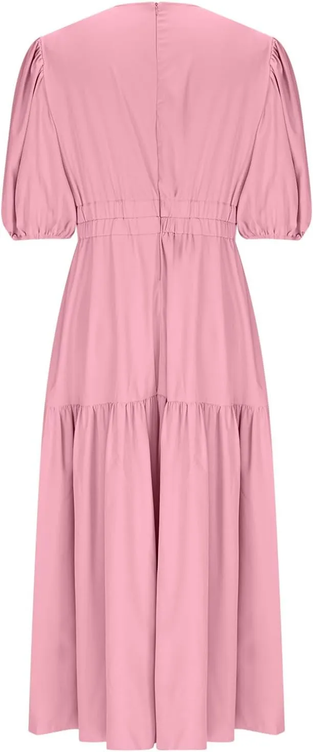 Women's Puff Sleeve Tiered Maxi Dresses Comfy V-Neck Flowy Sundress Empire Waist Pocket Casual Summer Elegant Soft Dress