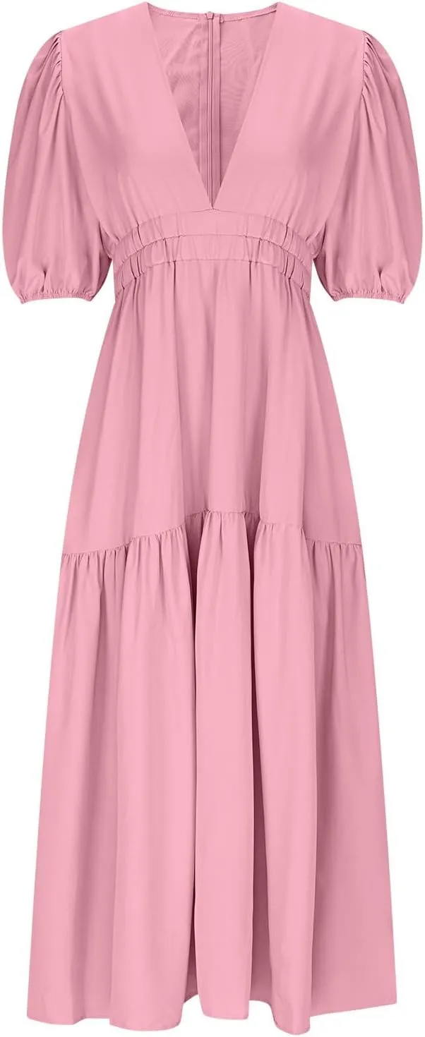 Women's Puff Sleeve Tiered Maxi Dresses Comfy V-Neck Flowy Sundress Empire Waist Pocket Casual Summer Elegant Soft Dress
