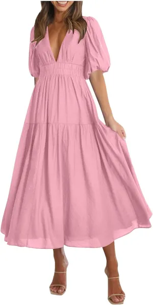 Women's Puff Sleeve Tiered Maxi Dresses Comfy V-Neck Flowy Sundress Empire Waist Pocket Casual Summer Elegant Soft Dress