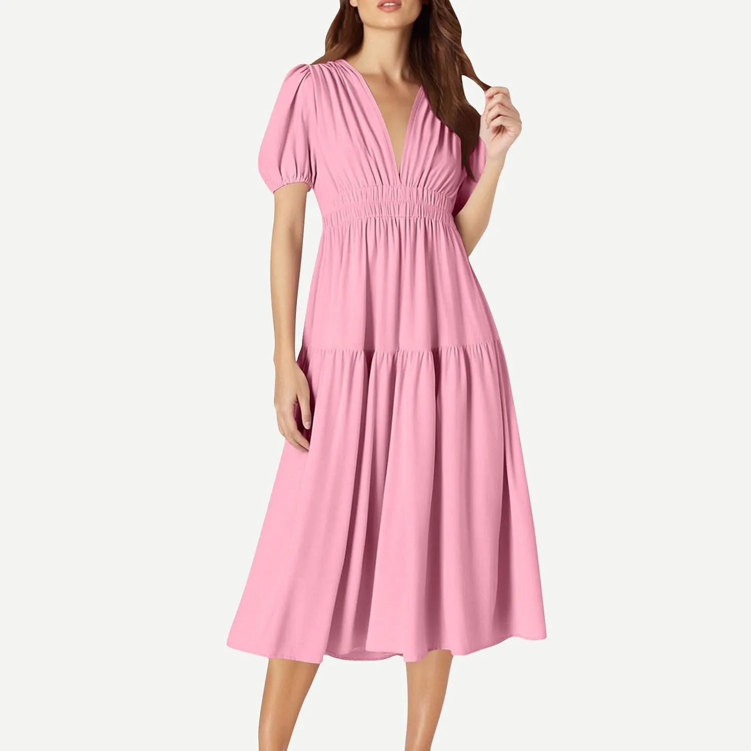 Women's Puff Sleeve Tiered Maxi Dresses Comfy V-Neck Flowy Sundress Empire Waist Pocket Casual Summer Elegant Soft Dress