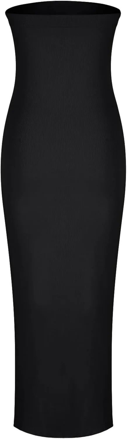 Women's Ribbed Knit Strapless Tube Top Long Dress Side Slit Hem Sleeveless Bodycon Maxi Dresses Summer Fashion Clothes