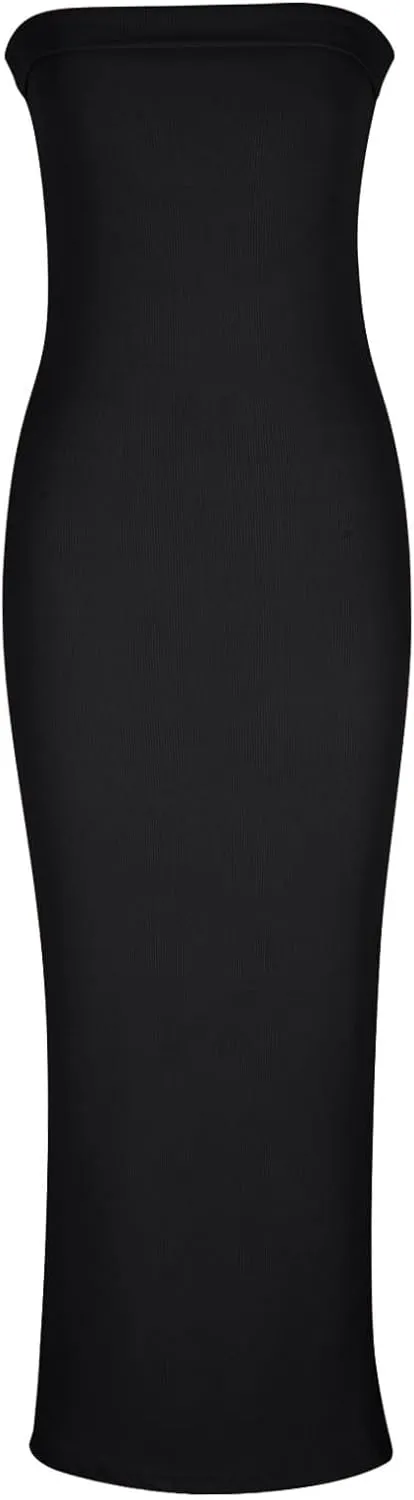 Women's Ribbed Knit Strapless Tube Top Long Dress Side Slit Hem Sleeveless Bodycon Maxi Dresses Summer Fashion Clothes