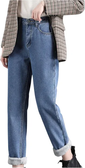 Women's Sherpa Fleece Lined Jeans Thermal Flannel Lined Jeans Winter Warm Plush Thicken Skinny Stretch Denim Pants