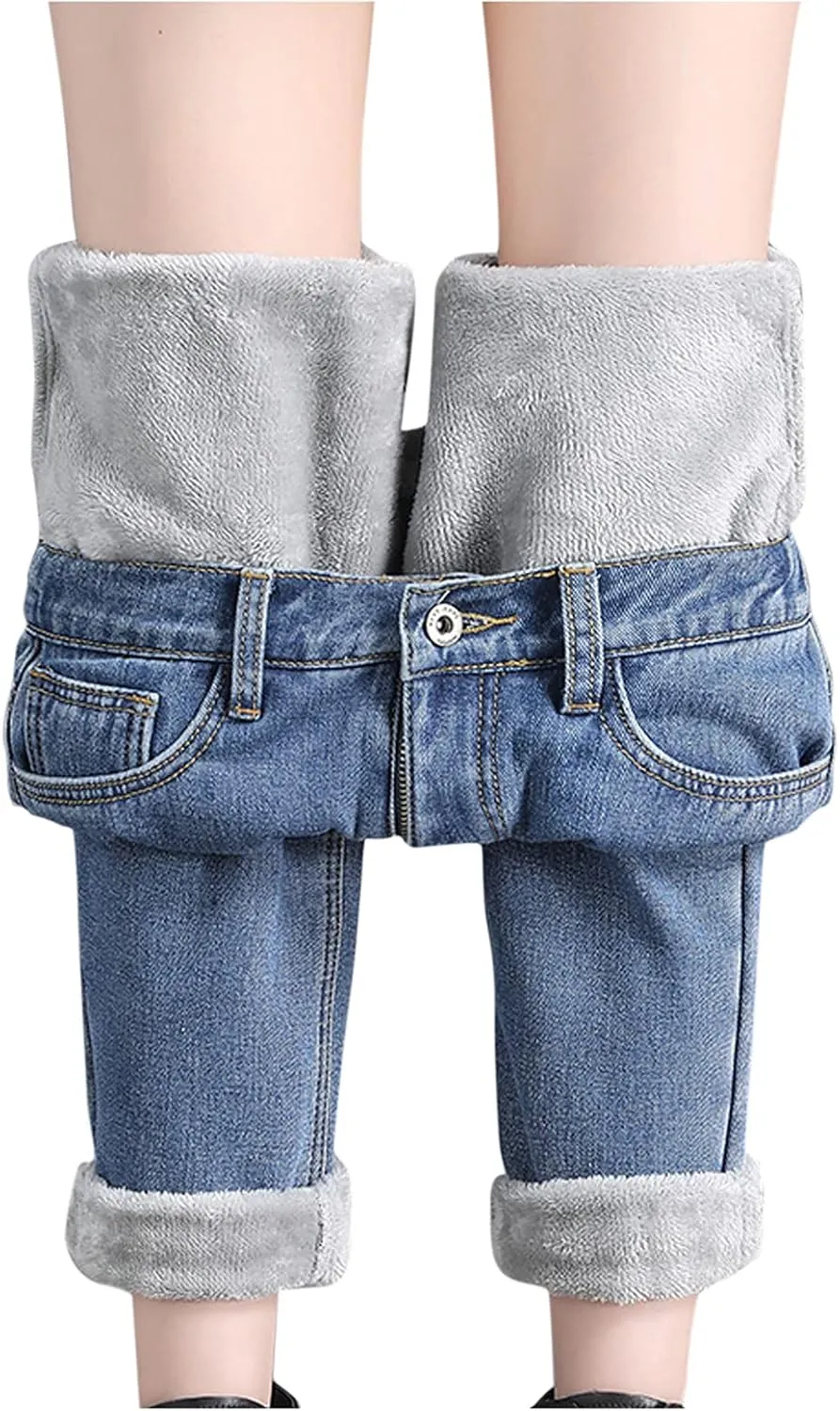 Women's Sherpa Fleece Lined Jeans Thermal Flannel Lined Jeans Winter Warm Plush Thicken Skinny Stretch Denim Pants