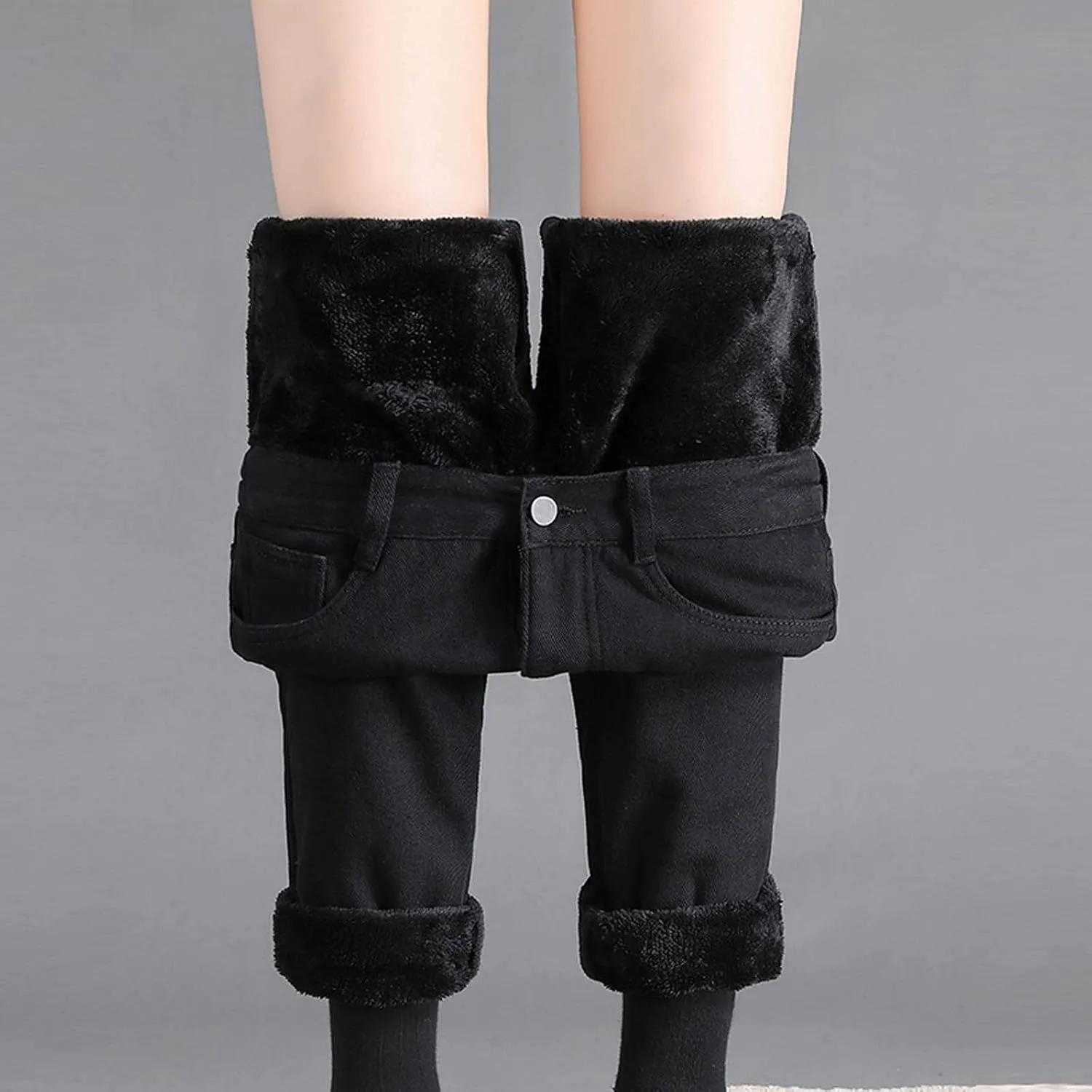 Women's Sherpa Fleece Lined Jeans Thermal Flannel Lined Jeans Winter Warm Plush Thicken Skinny Stretch Denim Pants