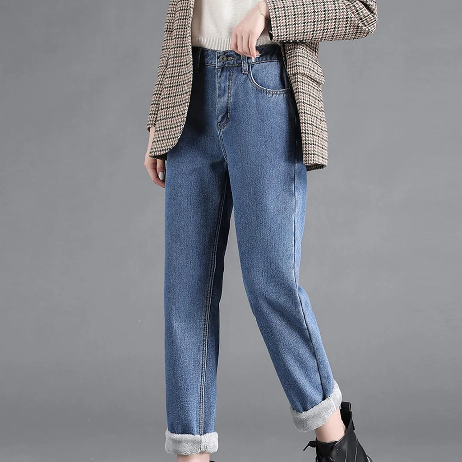 Women's Sherpa Fleece Lined Jeans Thermal Flannel Lined Jeans Winter Warm Plush Thicken Skinny Stretch Denim Pants