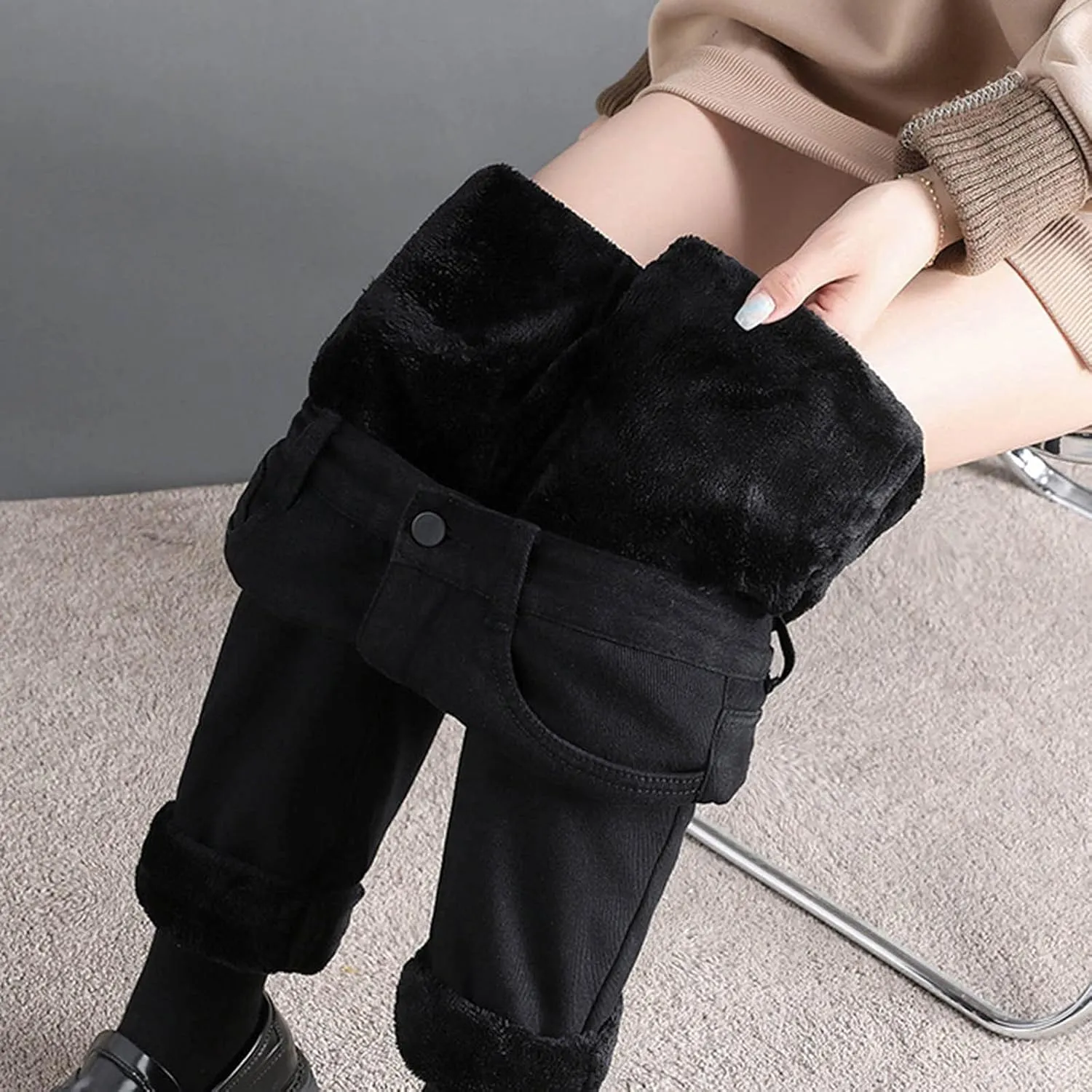 Women's Sherpa Fleece Lined Jeans Thermal Flannel Lined Jeans Winter Warm Plush Thicken Skinny Stretch Denim Pants