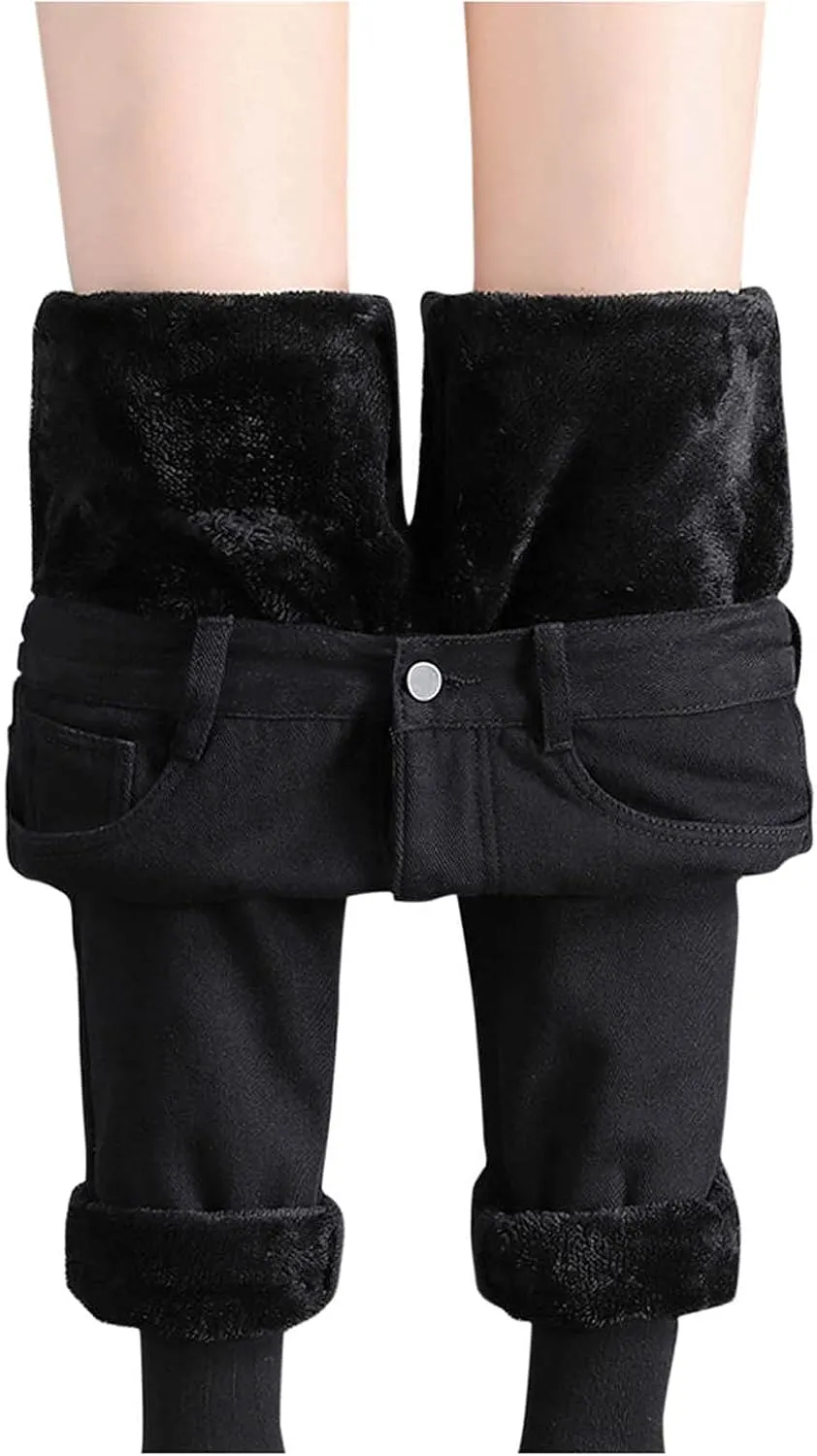 Women's Sherpa Fleece Lined Jeans Thermal Flannel Lined Jeans Winter Warm Plush Thicken Skinny Stretch Denim Pants