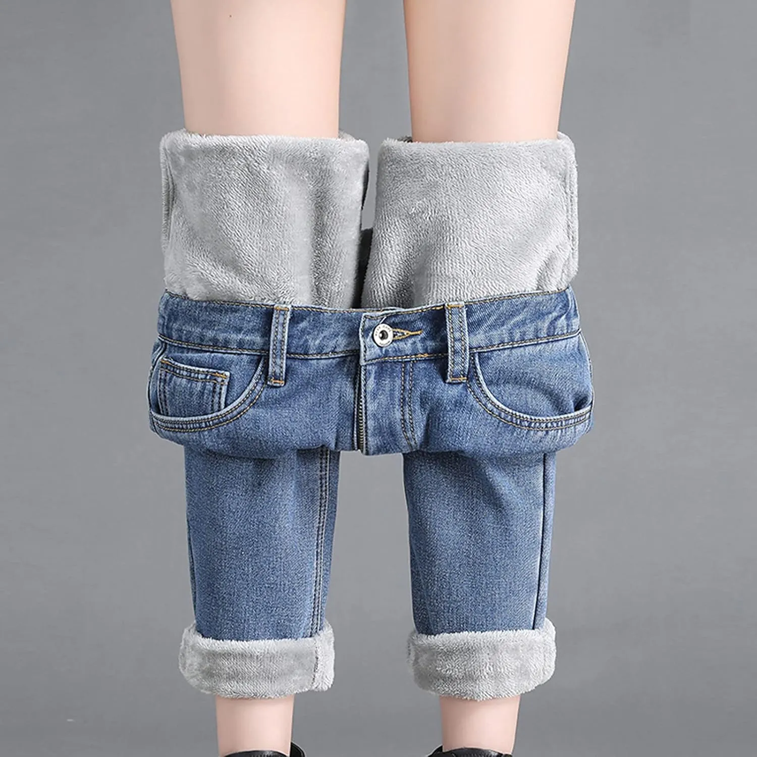 Women's Sherpa Fleece Lined Jeans Thermal Flannel Lined Jeans Winter Warm Plush Thicken Skinny Stretch Denim Pants