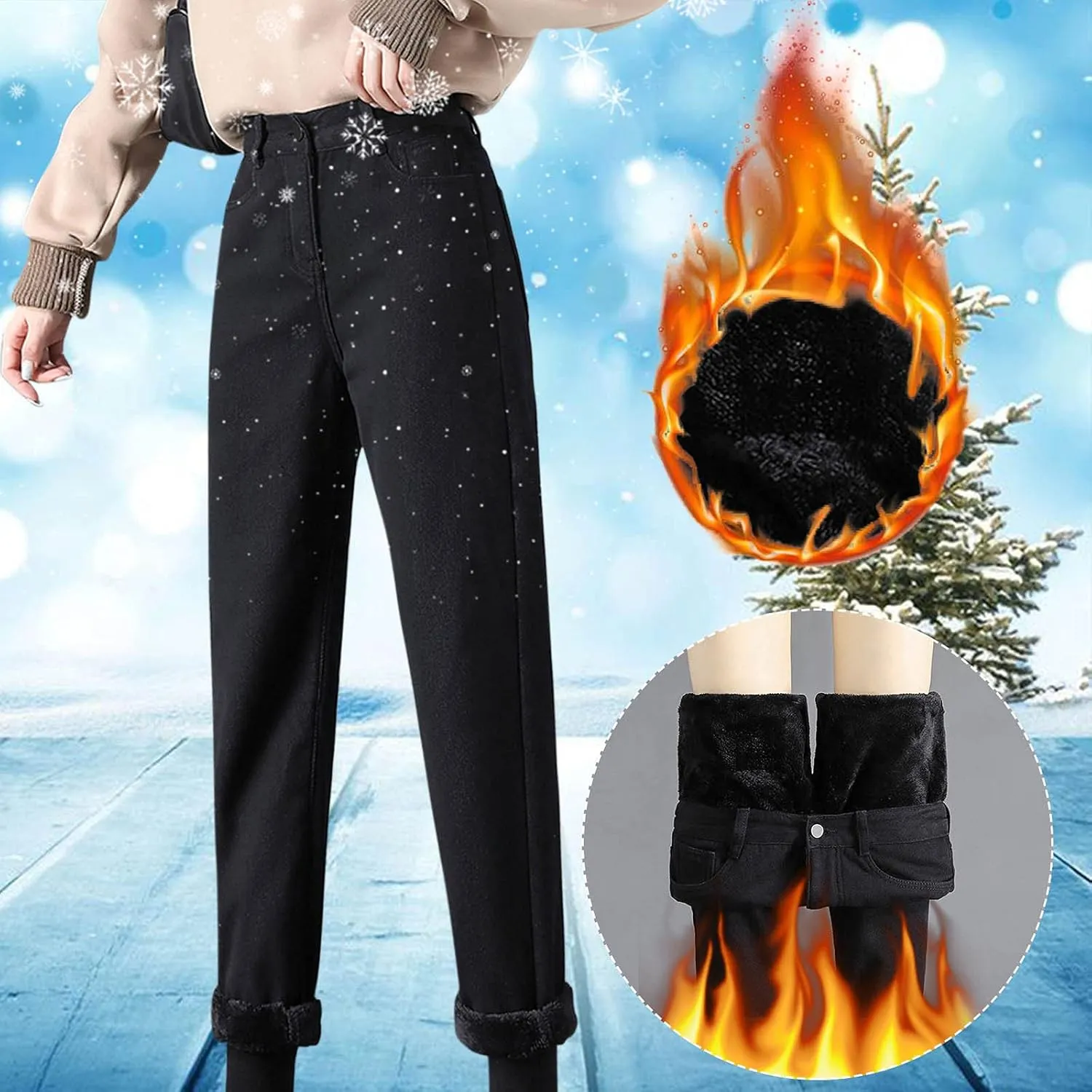 Women's Sherpa Fleece Lined Jeans Thermal Flannel Lined Jeans Winter Warm Plush Thicken Skinny Stretch Denim Pants