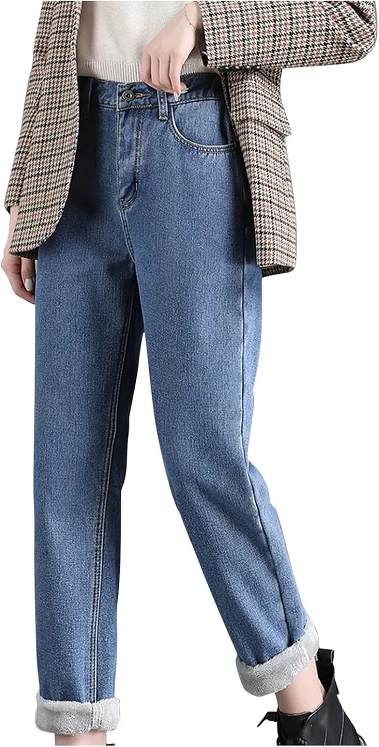 Women's Sherpa Fleece Lined Jeans Thermal Flannel Lined Jeans Winter Warm Plush Thicken Skinny Stretch Denim Pants
