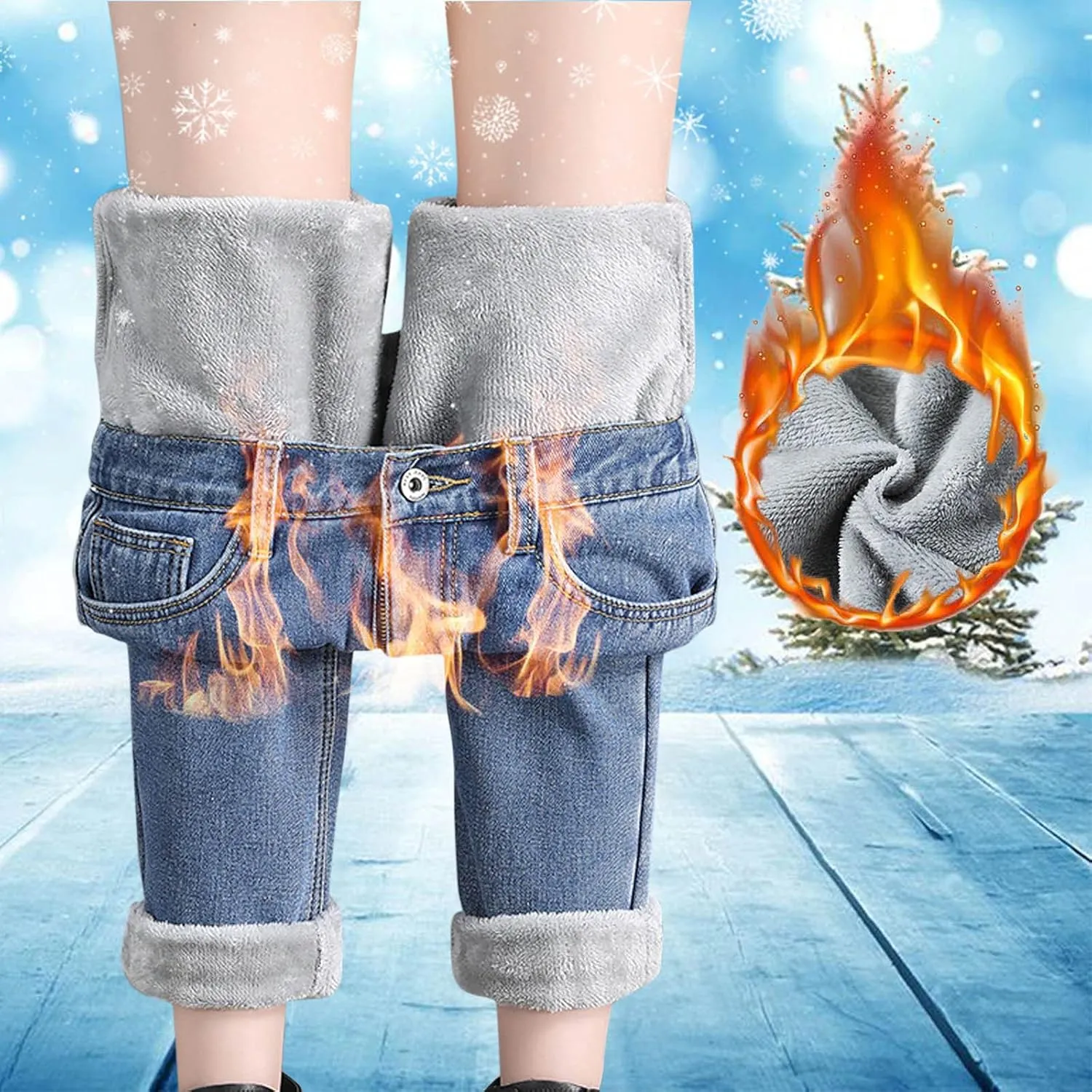 Women's Sherpa Fleece Lined Jeans Thermal Flannel Lined Jeans Winter Warm Plush Thicken Skinny Stretch Denim Pants