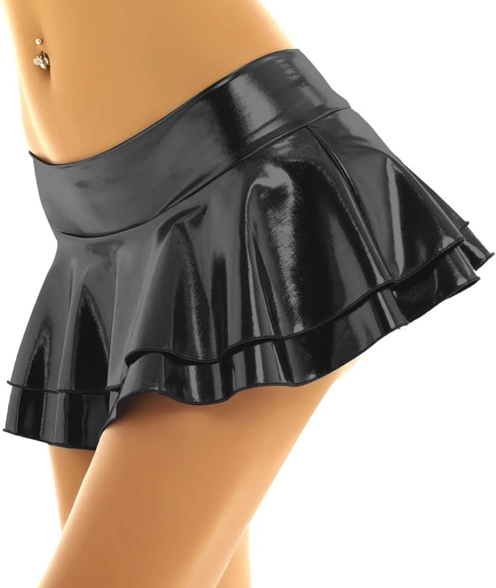 Women's Solid Novelty Metallic Pleated Mini Skirt Double Layer Tutu Flare Dance Dresses