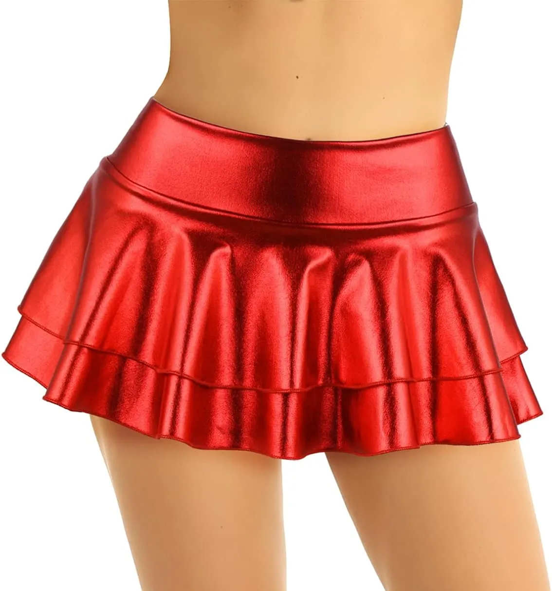 Women's Solid Novelty Metallic Pleated Mini Skirt Double Layer Tutu Flare Dance Dresses