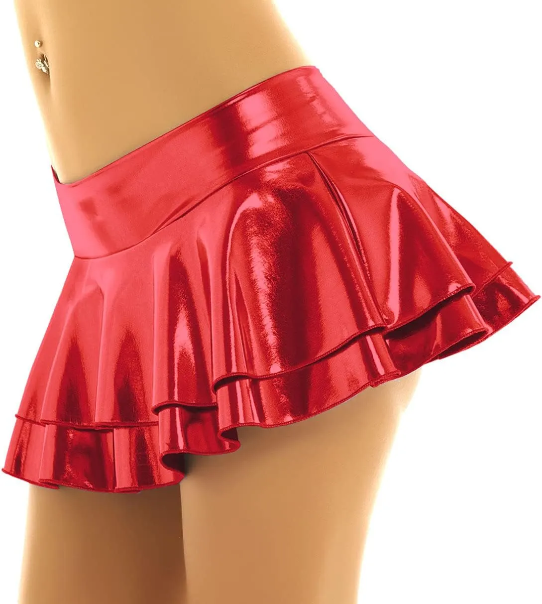 Women's Solid Novelty Metallic Pleated Mini Skirt Double Layer Tutu Flare Dance Dresses