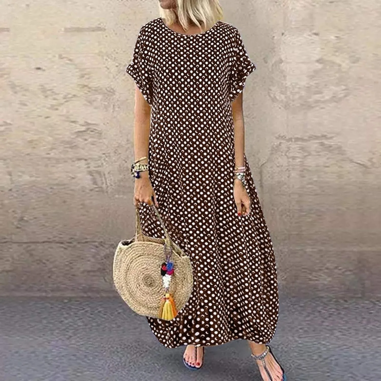 Womens Summer Casual Dress V Neck Short Sleeve Floral Print Boho Beach Sundress Tiered Ruffle Maxi Dress with Pockets
