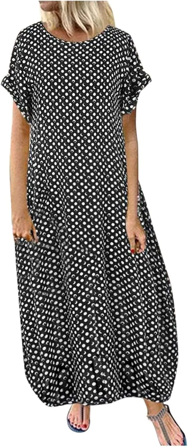 Womens Summer Casual Dress V Neck Short Sleeve Floral Print Boho Beach Sundress Tiered Ruffle Maxi Dress with Pockets