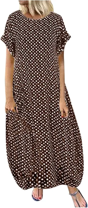 Womens Summer Casual Dress V Neck Short Sleeve Floral Print Boho Beach Sundress Tiered Ruffle Maxi Dress with Pockets