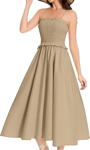 Women's Summer Dress 2025 Casual Fashion Spaghetti Strap Swing Smocked Maxi Sleeveless Beach Sundress