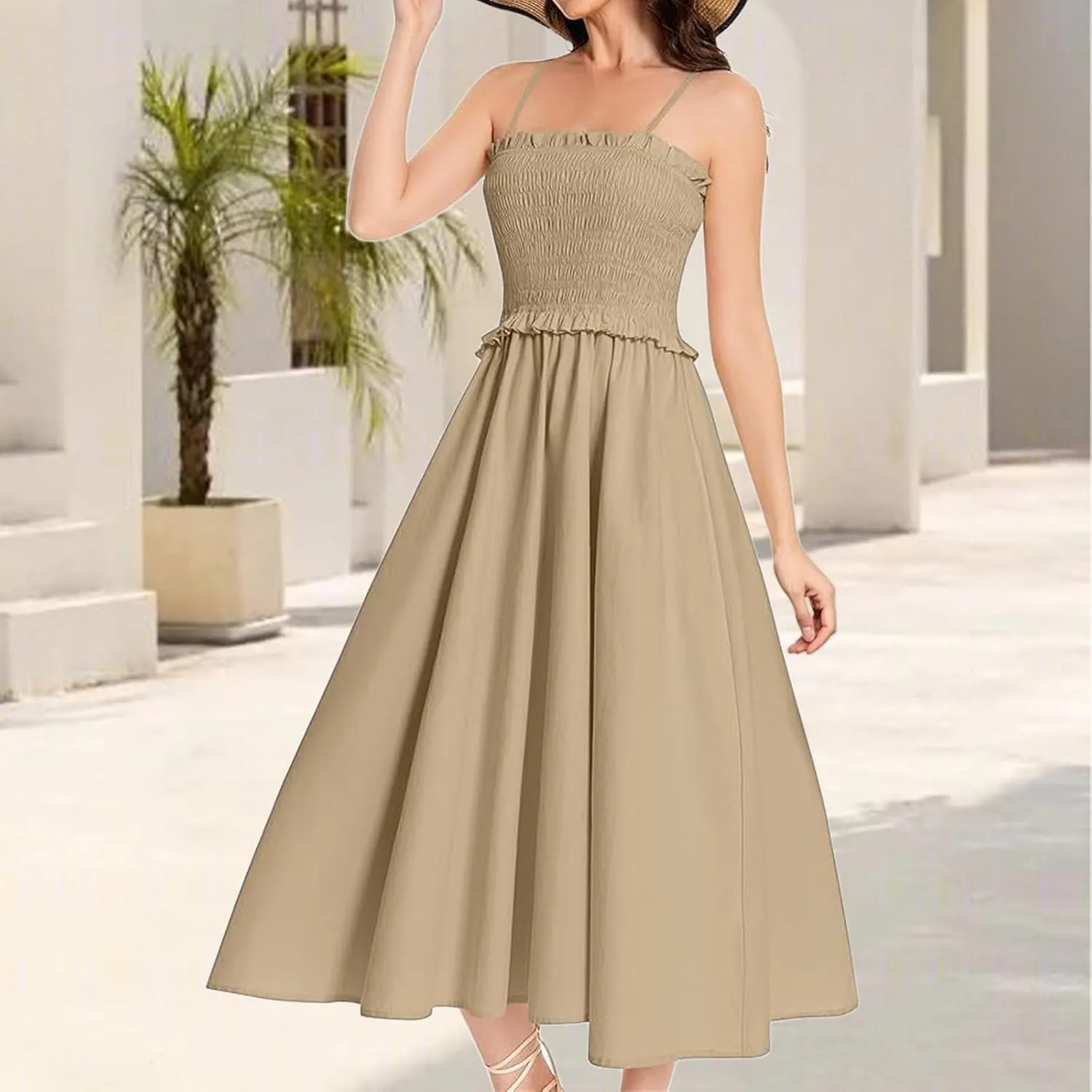 Women's Summer Dress 2025 Casual Fashion Spaghetti Strap Swing Smocked Maxi Sleeveless Beach Sundress