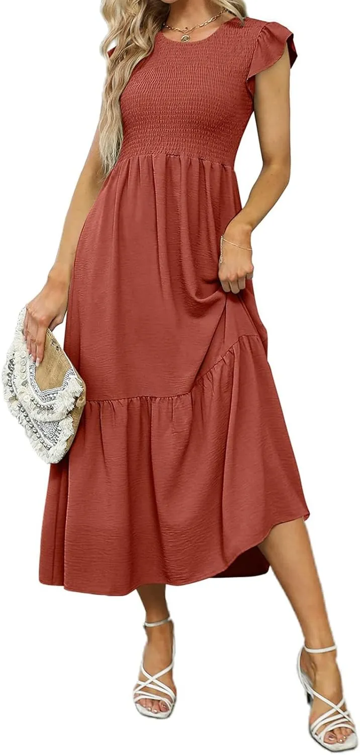 Womens Summer Dresses 2024 Smocked Empire Waist Maxi Dress Ruffle Sleeve Long Flowy Dress Casual Tiered A-Line Dress