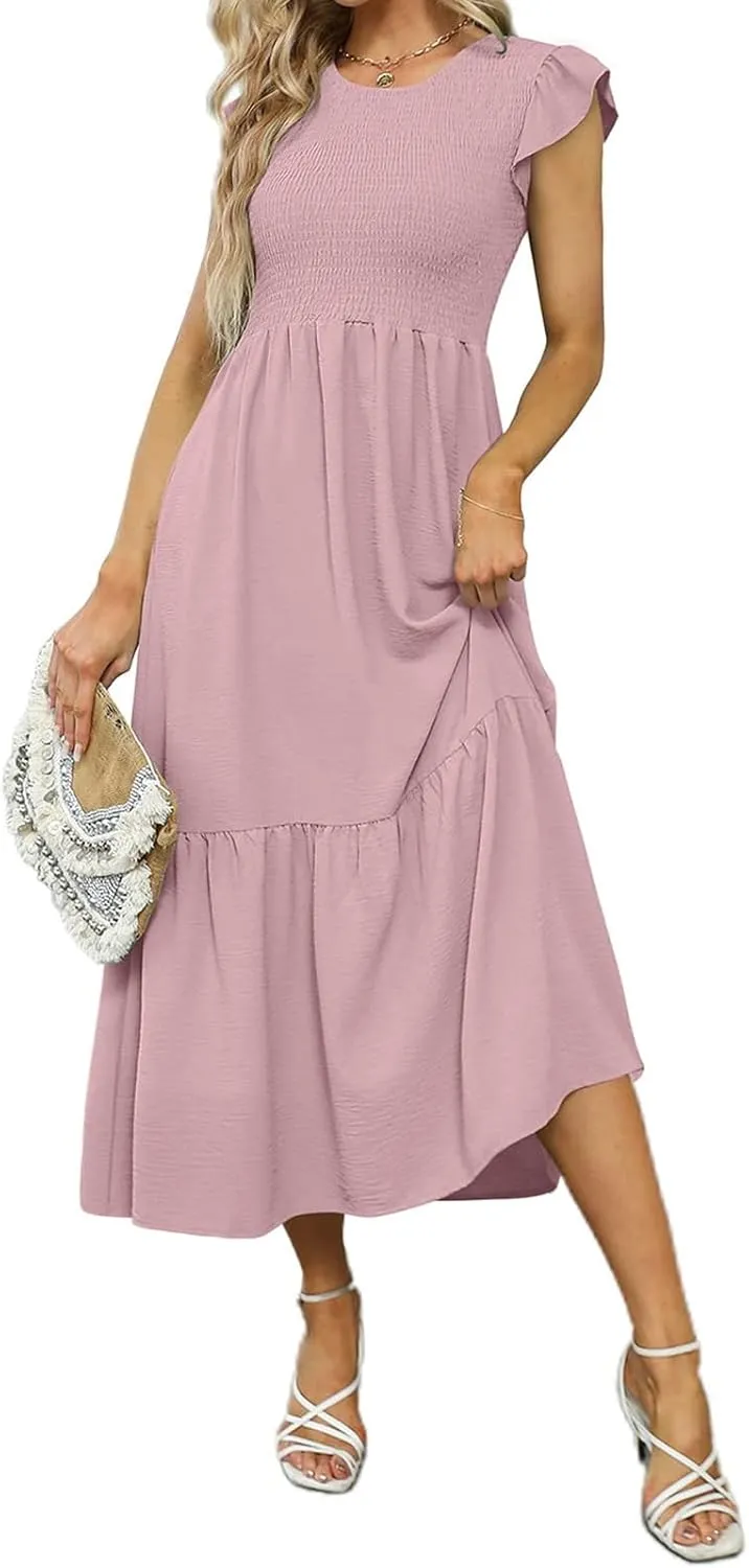 Womens Summer Dresses 2024 Smocked Empire Waist Maxi Dress Ruffle Sleeve Long Flowy Dress Casual Tiered A-Line Dress