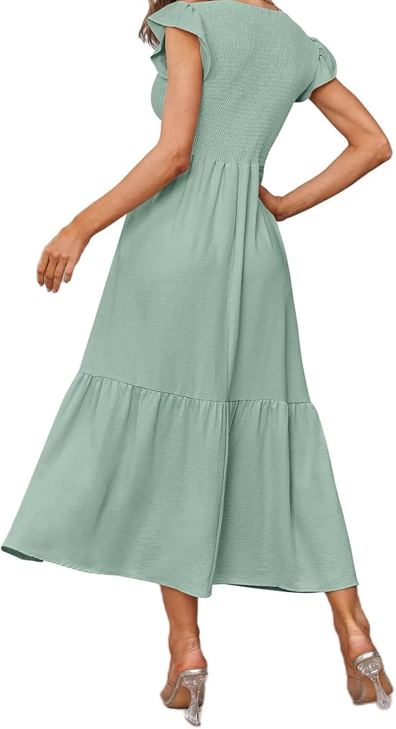 Womens Summer Dresses 2024 Smocked Empire Waist Maxi Dress Ruffle Sleeve Long Flowy Dress Casual Tiered A-Line Dress