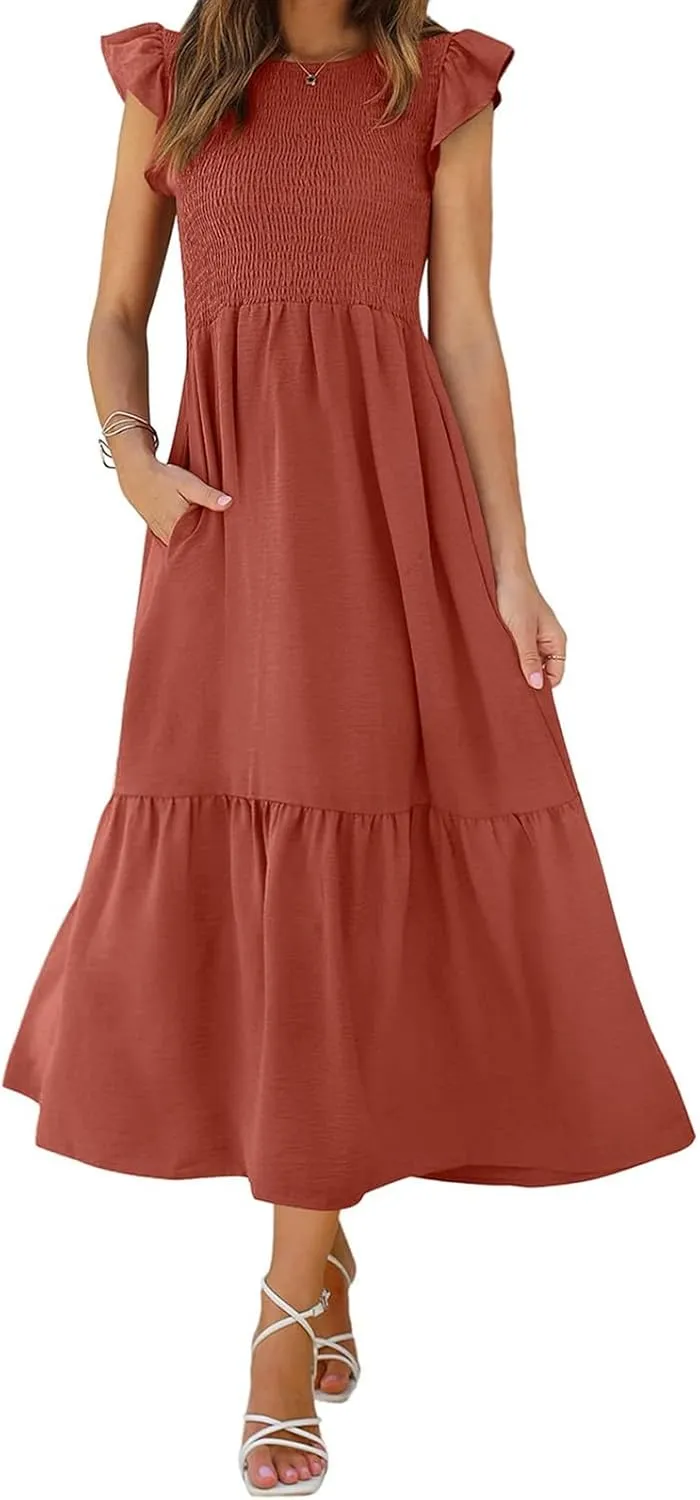 Womens Summer Dresses 2024 Smocked Empire Waist Maxi Dress Ruffle Sleeve Long Flowy Dress Casual Tiered A-Line Dress