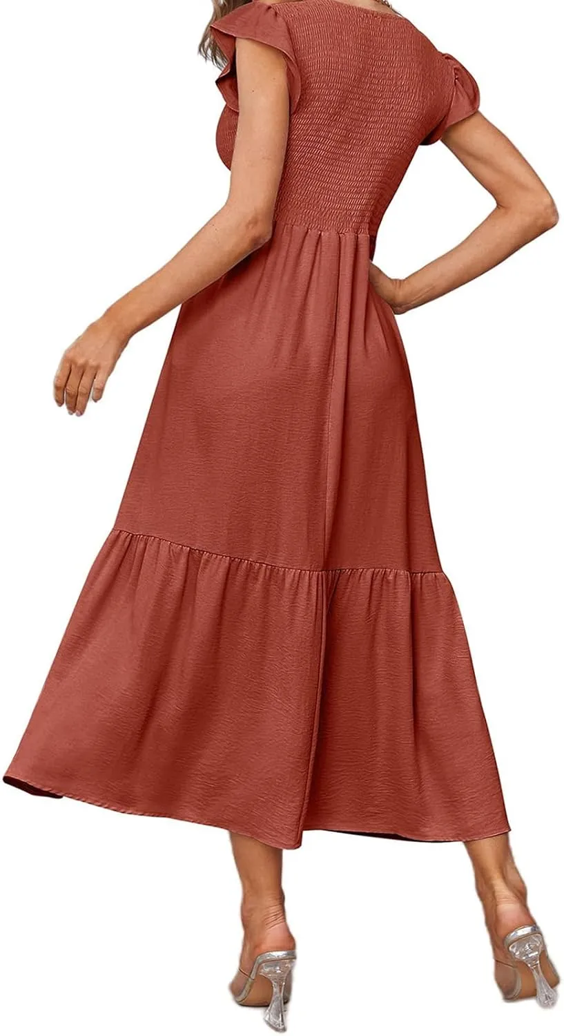 Womens Summer Dresses 2024 Smocked Empire Waist Maxi Dress Ruffle Sleeve Long Flowy Dress Casual Tiered A-Line Dress