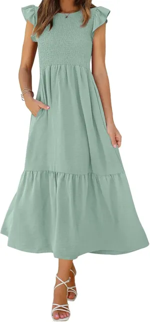 Womens Summer Dresses 2024 Smocked Empire Waist Maxi Dress Ruffle Sleeve Long Flowy Dress Casual Tiered A-Line Dress