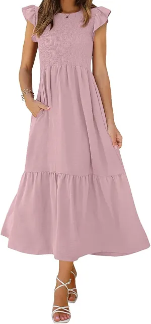 Womens Summer Dresses 2024 Smocked Empire Waist Maxi Dress Ruffle Sleeve Long Flowy Dress Casual Tiered A-Line Dress