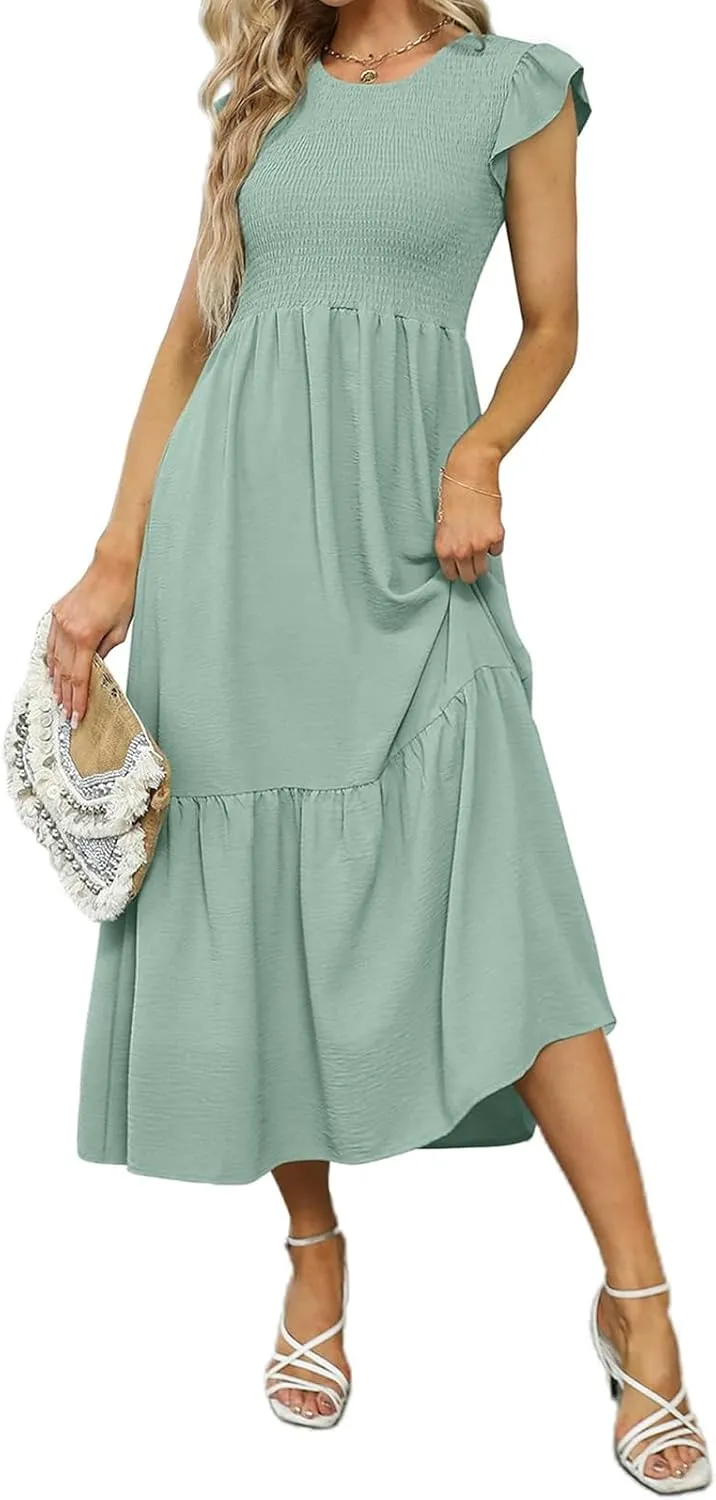 Womens Summer Dresses 2024 Smocked Empire Waist Maxi Dress Ruffle Sleeve Long Flowy Dress Casual Tiered A-Line Dress