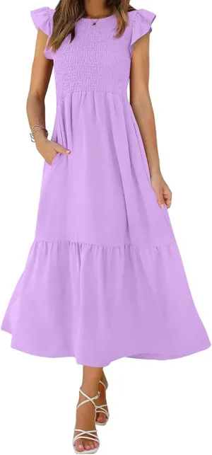 Womens Summer Dresses 2024 Smocked Empire Waist Maxi Dress Ruffle Sleeve Long Flowy Dress Casual Tiered A-Line Dress
