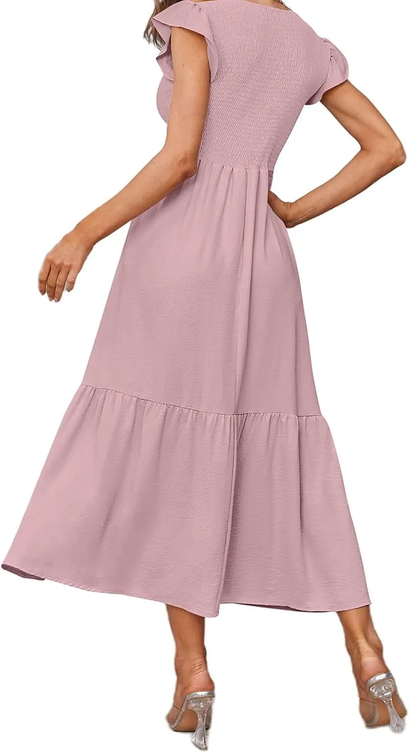 Womens Summer Dresses 2024 Smocked Empire Waist Maxi Dress Ruffle Sleeve Long Flowy Dress Casual Tiered A-Line Dress