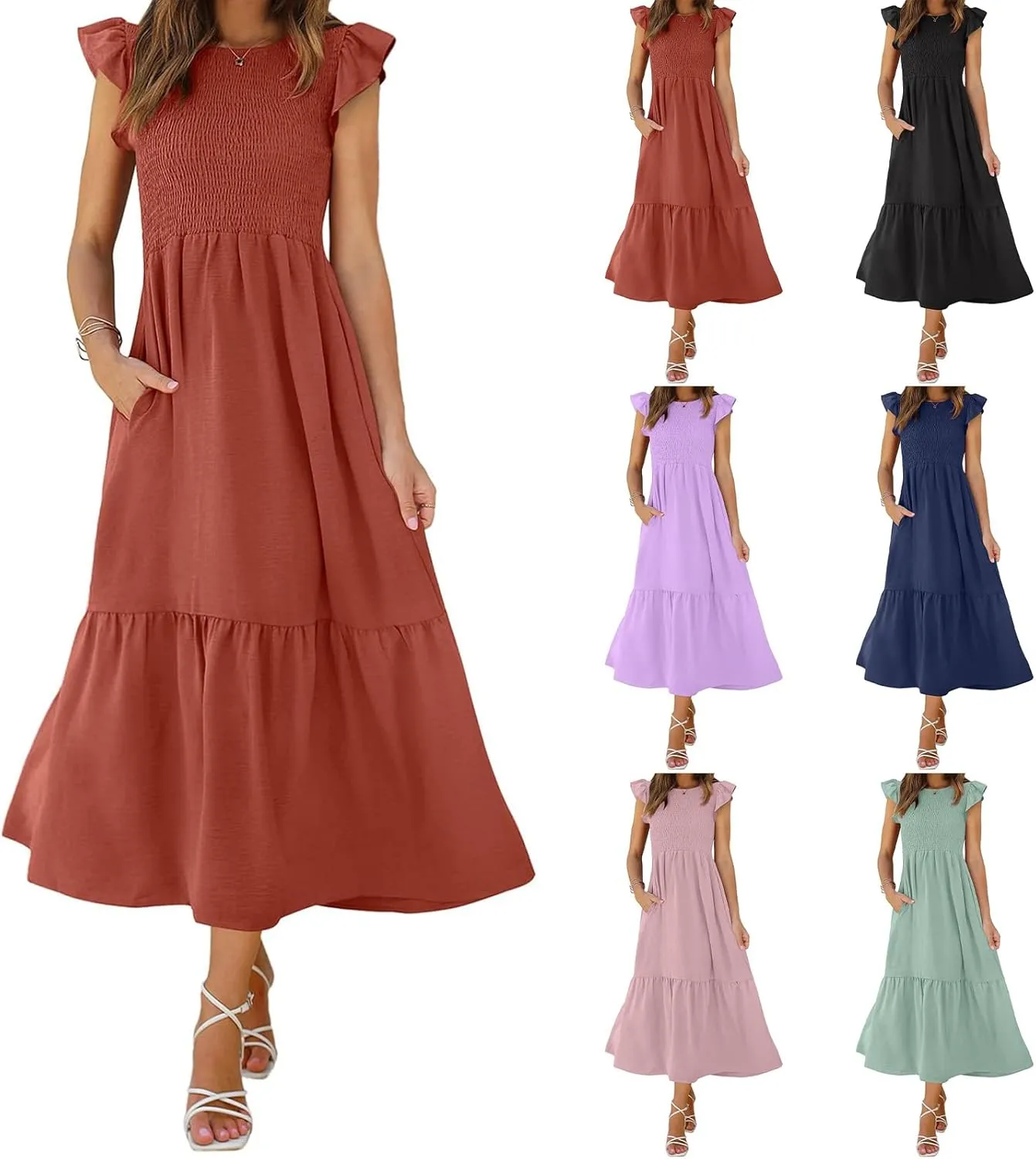 Womens Summer Dresses 2024 Smocked Empire Waist Maxi Dress Ruffle Sleeve Long Flowy Dress Casual Tiered A-Line Dress