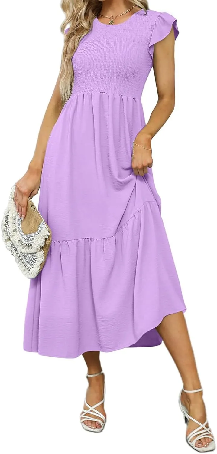 Womens Summer Dresses 2024 Smocked Empire Waist Maxi Dress Ruffle Sleeve Long Flowy Dress Casual Tiered A-Line Dress