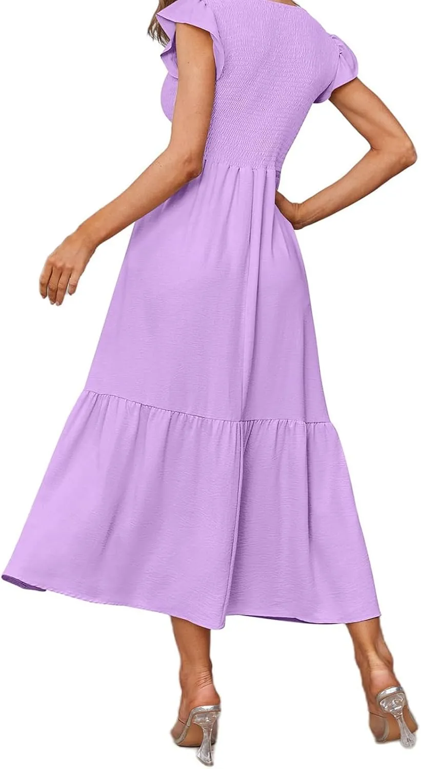 Womens Summer Dresses 2024 Smocked Empire Waist Maxi Dress Ruffle Sleeve Long Flowy Dress Casual Tiered A-Line Dress