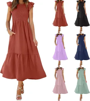 Womens Summer Dresses 2024 Smocked Empire Waist Maxi Dress Ruffle Sleeve Long Flowy Dress Casual Tiered A-Line Dress