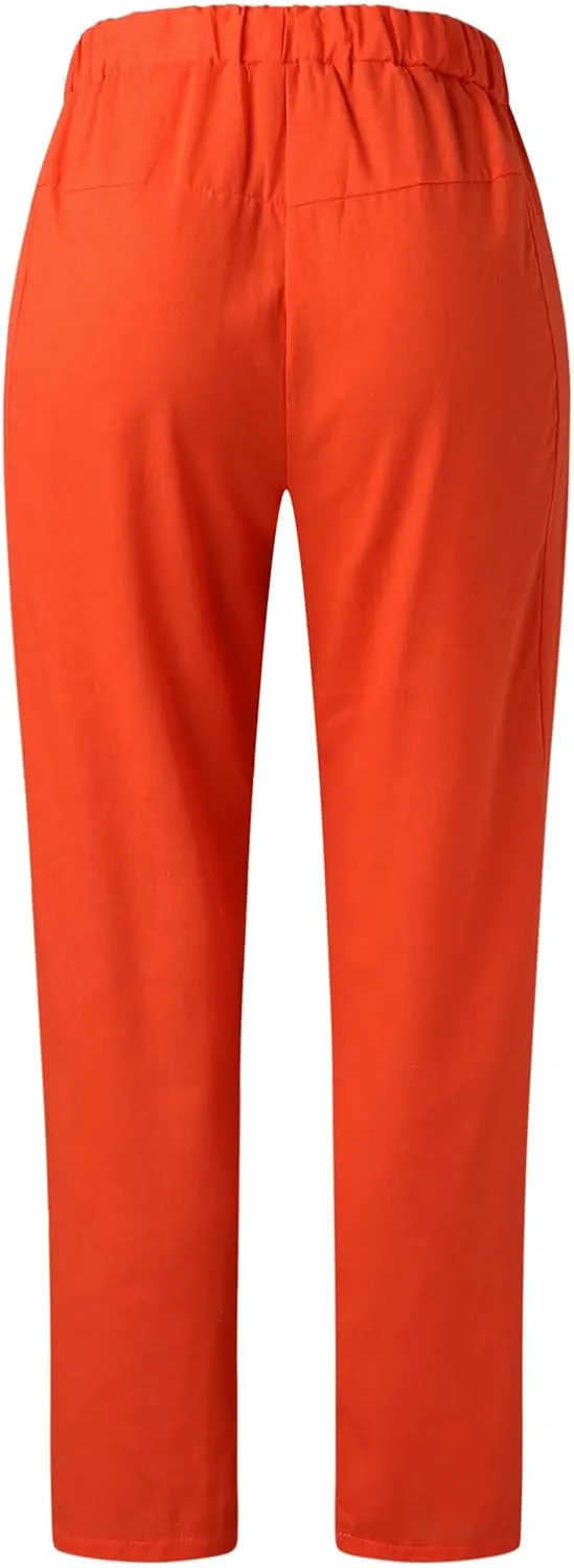 Womens Summer Linen Cropped Pants Elastic High Waisted Drawstring Casual Trousers Lightweight Wide Leg Straight-Leg Slacks